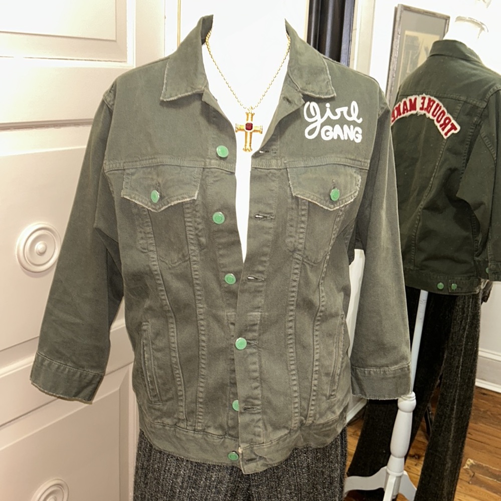 RARE SANDRINE ROSE sz S “troublemaker/girl gang” button front jacket 3/4 sleeves - Picture 3 of 12